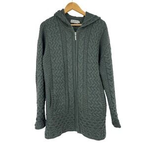 Blarney Woollen Mills Ireland Merino Wool Cable Knit Zip Coatigan Hooded Sweater